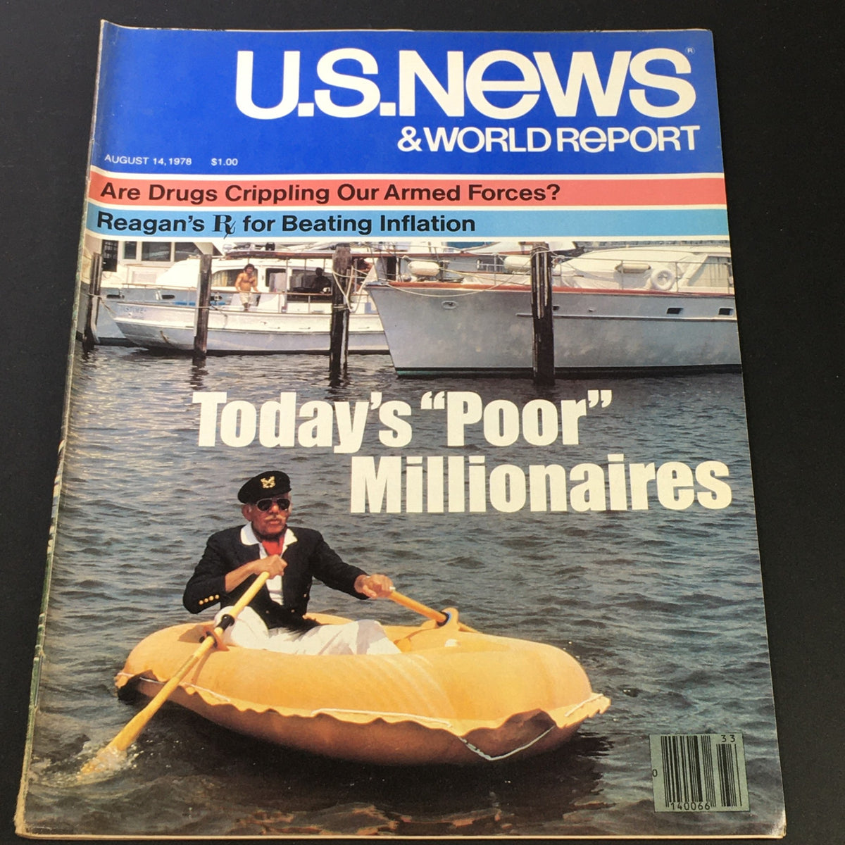 Vintage cover of U.S. News & World Report from August 14, 1978, featuring Ronald Reagan and the headline 'Today's Poor Millionaires,' depicting a man in a boat on water.