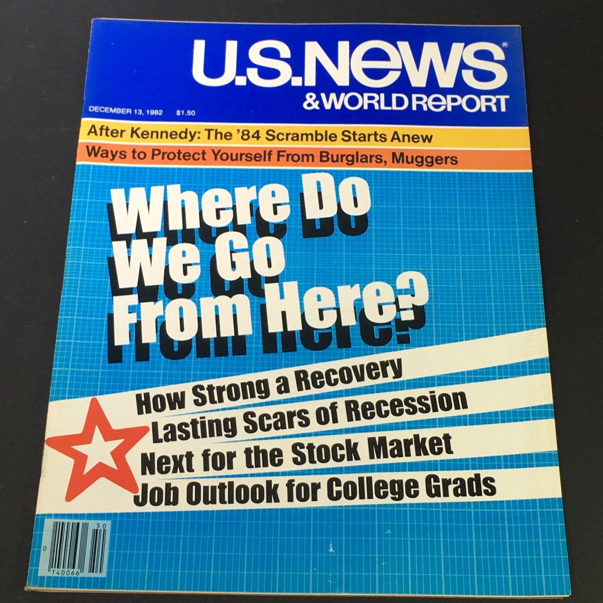 Cover of U.S. News & World Report from December 13, 1982, titled 'Where Do We Go From Here?' discussing the lasting scars of recession, with vivid graphics and headlines about economic recovery and job outlook.