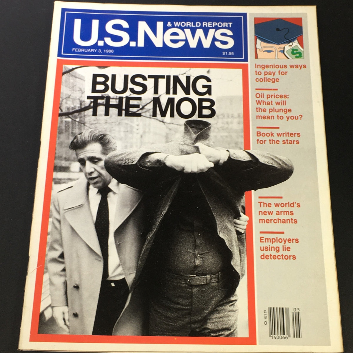 Cover of vintage magazine US News & World Report from February 3, 1986, featuring the title 'Busting The Mob'. The cover showcases a photograph of a man in a coat appearing to arrest another individual, symbolizing crime and justice themes. The magazine includes articles about college financing and other notable topics of the mid-1980s.