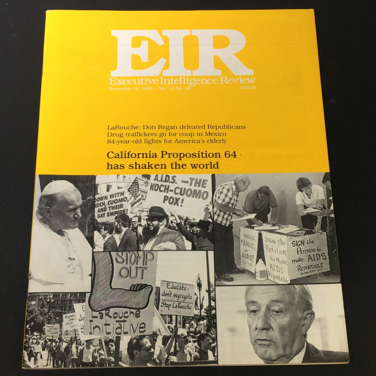 Vintage Executive Intelligence Review magazine from November 14, 1986, featuring coverage on California Proposition 64. The cover displays significant political commentary with images related to societal debates of the 1980s, including protesters and public figures, highlighting its historical value.