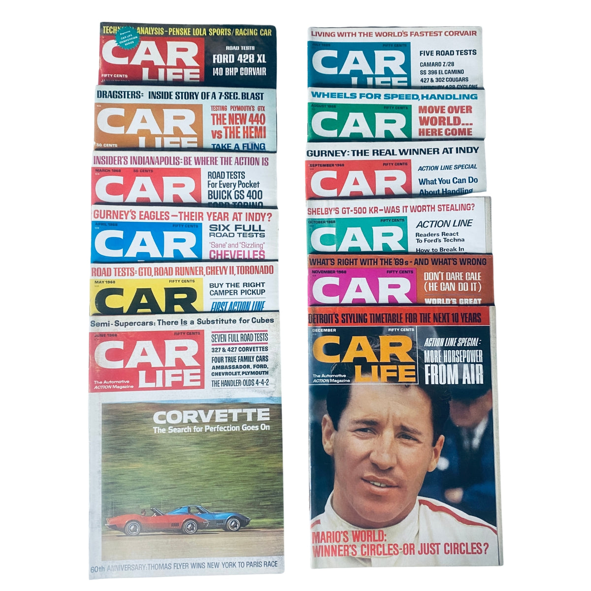 Lot of 12 Car Life Automotive Magazine covers from 1968, showcasing issues from January to December featuring practical reviews and road tests of vehicles, including classic cars and automotive history highlights.