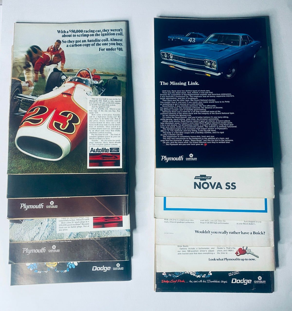 Image showcasing a collection of vintage automotive advertisements from the 1968 Car Life Automotive Magazine lot, featuring classic cars like the Plymouth Nova SS and promotional content related to Dodge and Autolite.