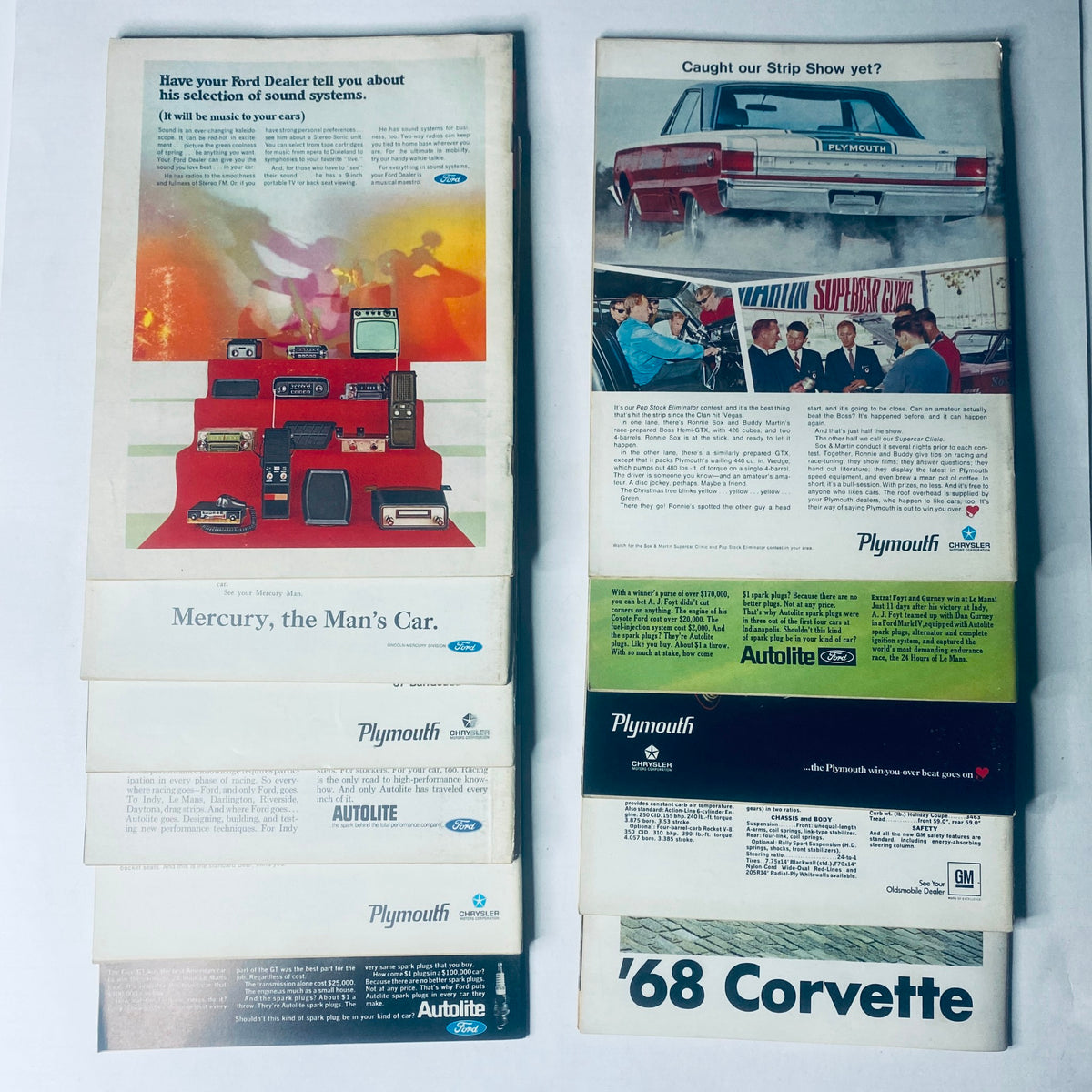 Lot of 11 Car Life Automotive Magazines 1967 January to July, September to December, showcasing vintage advertisements for cars and automotive products from the era, including a Plymouth advertisement.