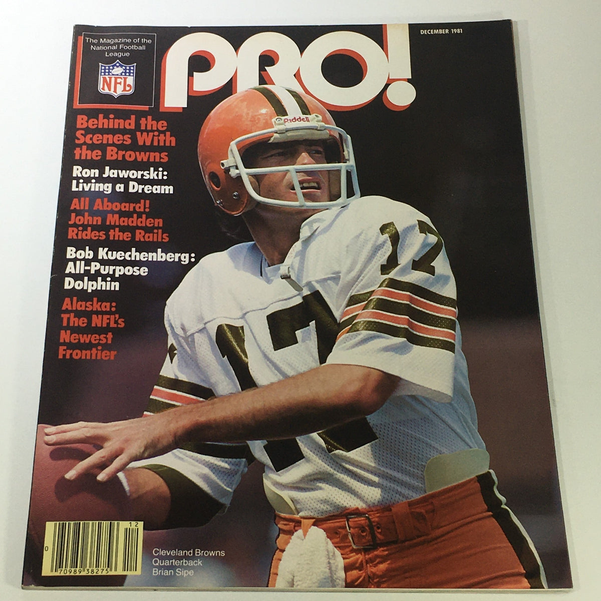 VTG NFL Pro Magazine December 1981 featuring Cleveland Browns Quarterback Brian Sipe, showcasing the cover design with Sipe in action and various headline articles related to the NFL.