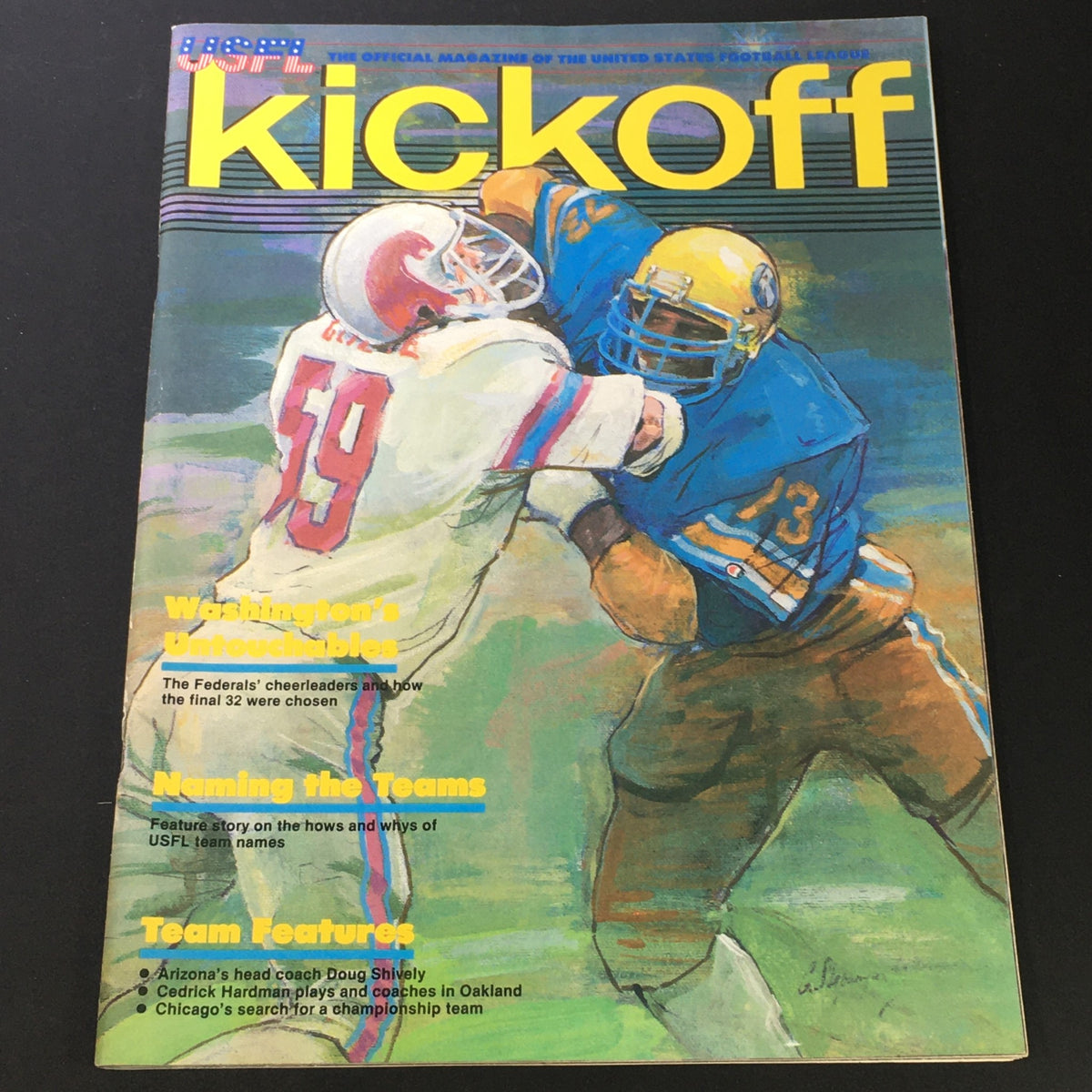 Vintage USFL Kickoff Magazine 1983 featuring Head Coach Doug Shively and player Cedrick Hardman, showcasing a vibrant football-themed cover with illustrations of players in action.