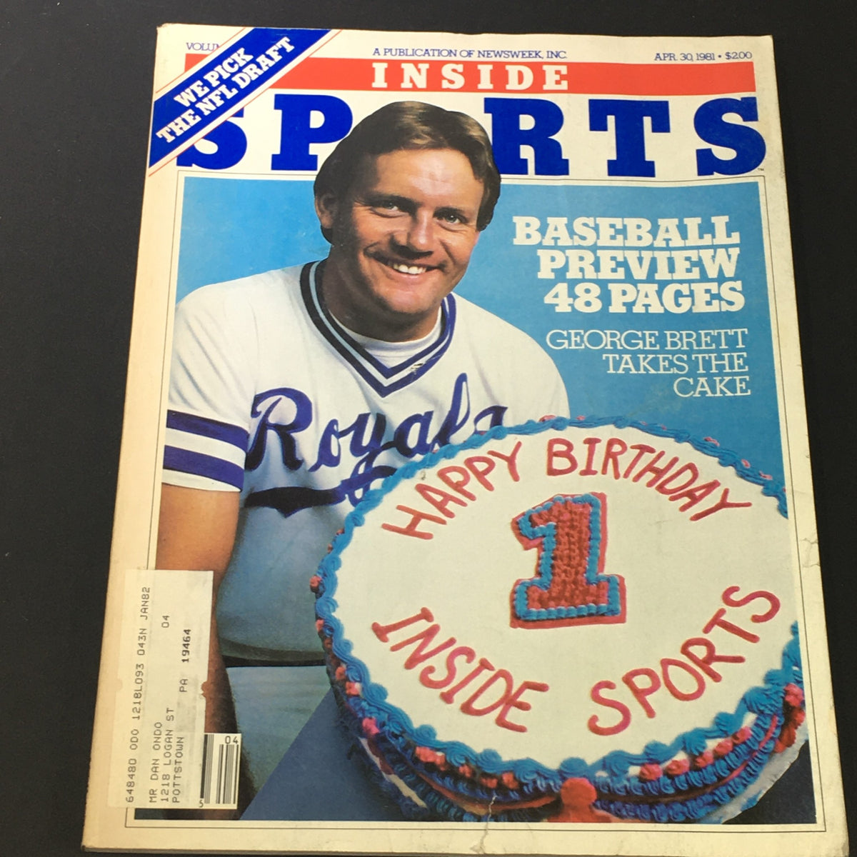 Vintage Inside Sports Magazine cover from April 30, 1981, featuring George Brett. The magazine includes a birthday cake with 'Happy Birthday Inside Sports' on it, celebrating one year of publication, alongside a baseball preview of the season.