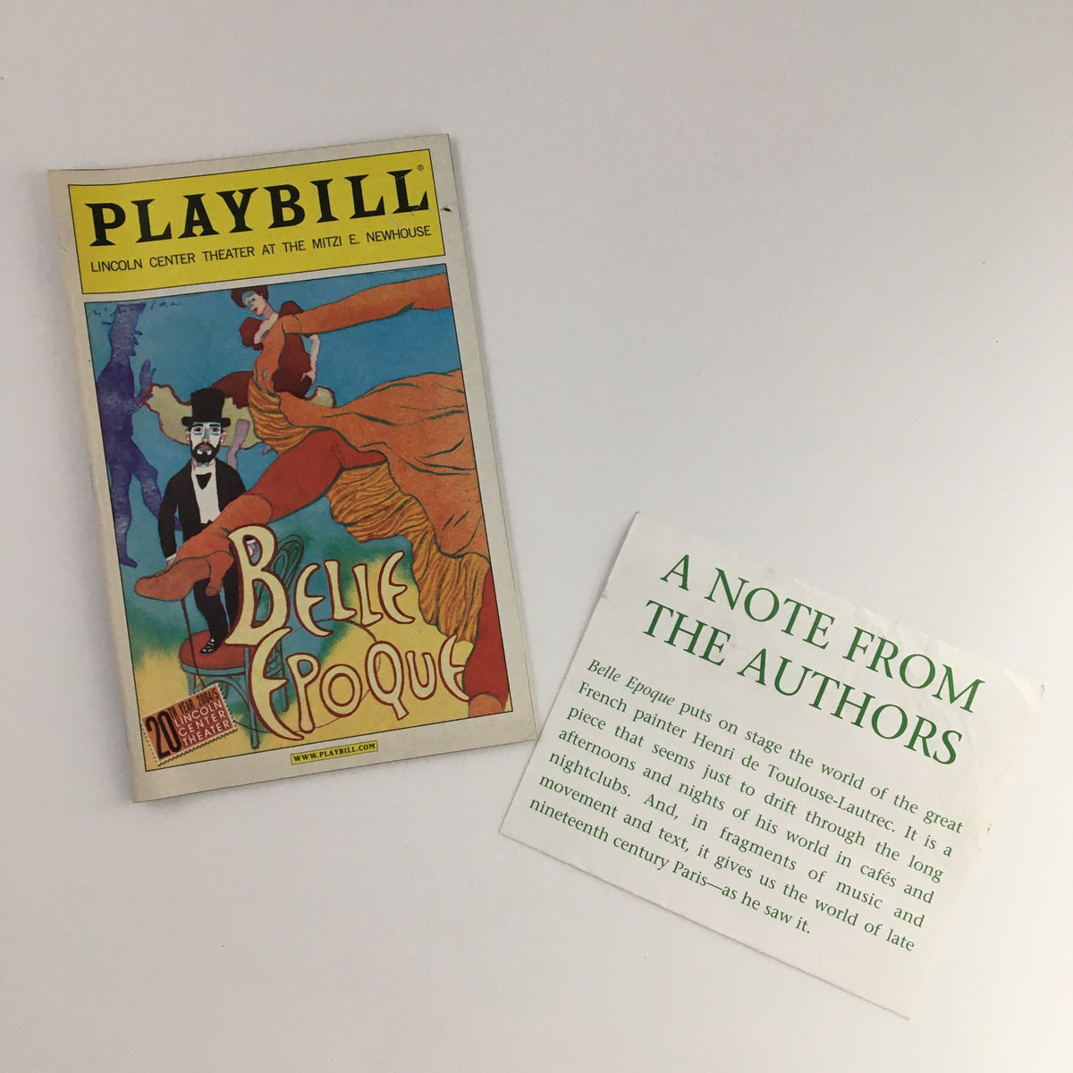 2004 Playbill from Lincoln Center Theater at the Mitzi E. Newhouse featuring Belle Epoque, alongside a note from the authors, showcasing the vibrant cover design and collectible nature.