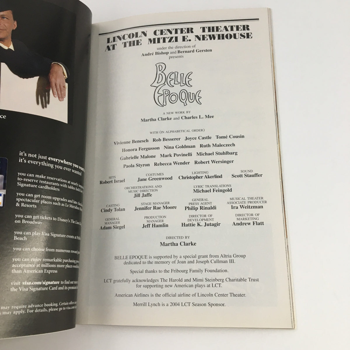 Credits and artistic information page from the 2004 Playbill for the production of Belle Epoque at Lincoln Center Theater at the Mitzi E. Newhouse.