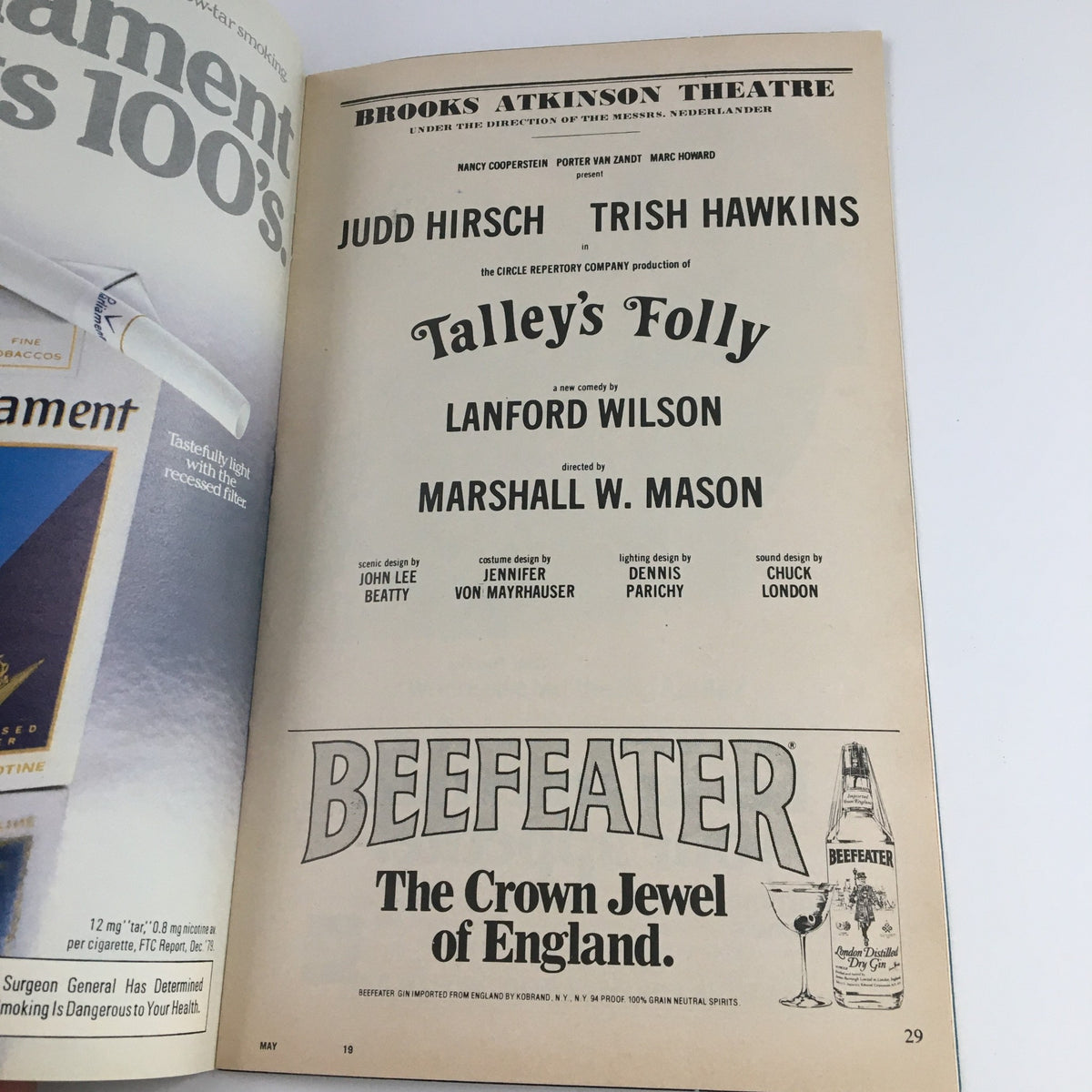 Back cover of the 1980 Playbill for Talley's Folly featuring cast names and a vintage advertisement for Beefeater.