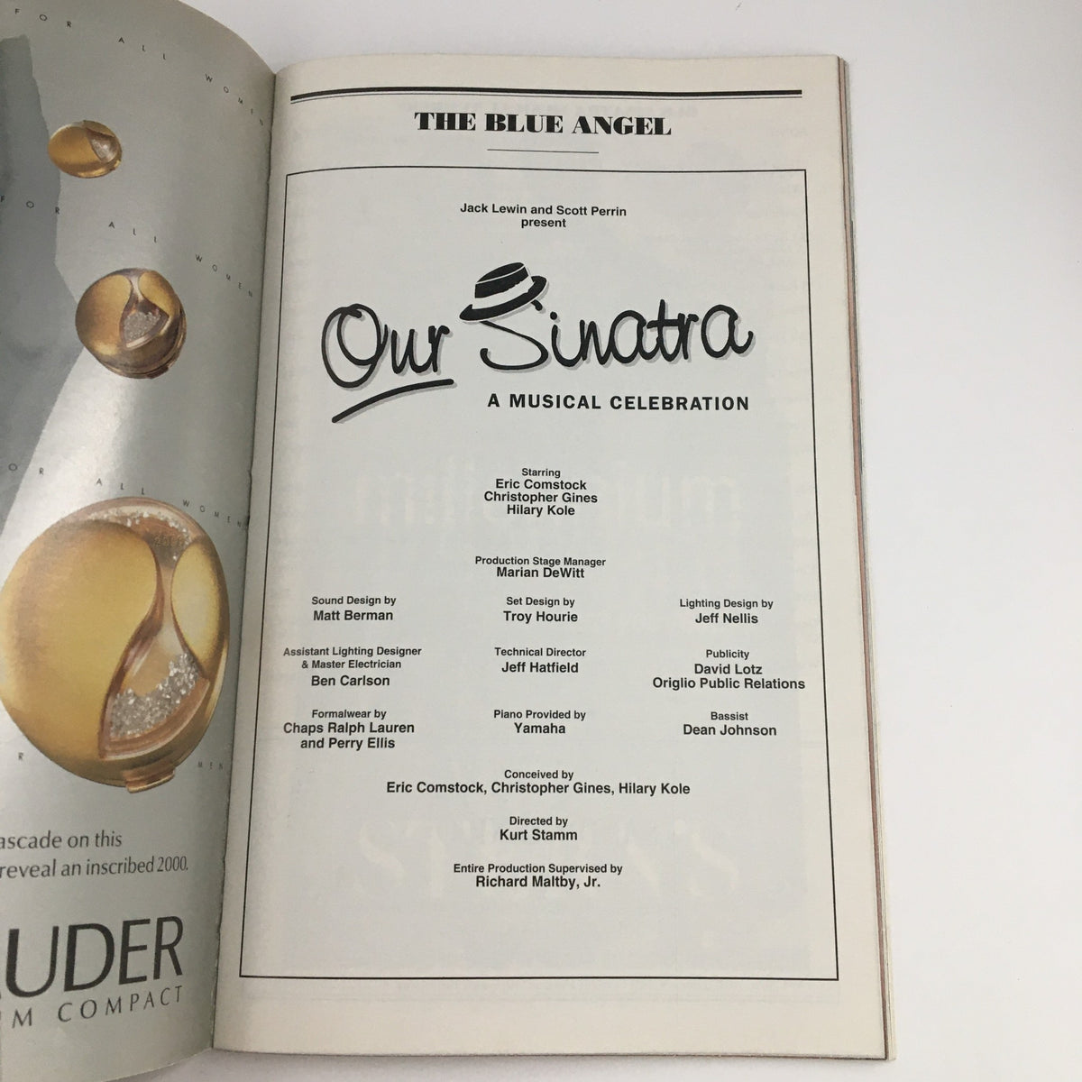 Credits page from the 1999 Playbill for The Blue Angel Present Our Sinatra: A Musical Celebration, displaying the creative team and production details.