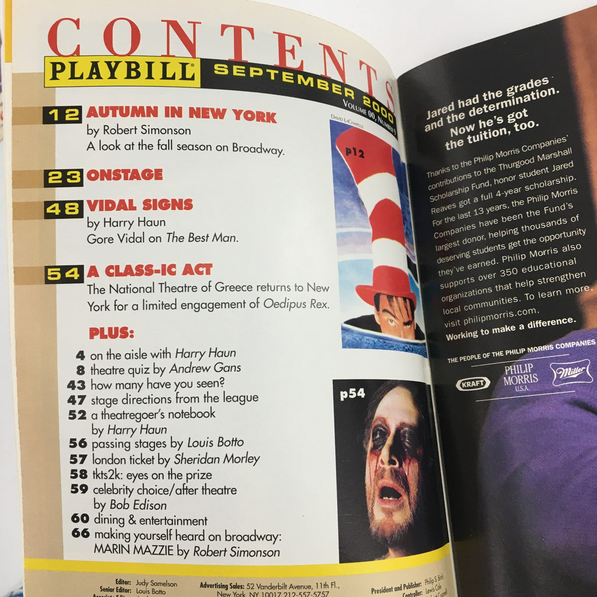 Inside content page of the 2000 Playbill for Gore Vidal's The Best Man, showcasing September 2000 listings and articles.