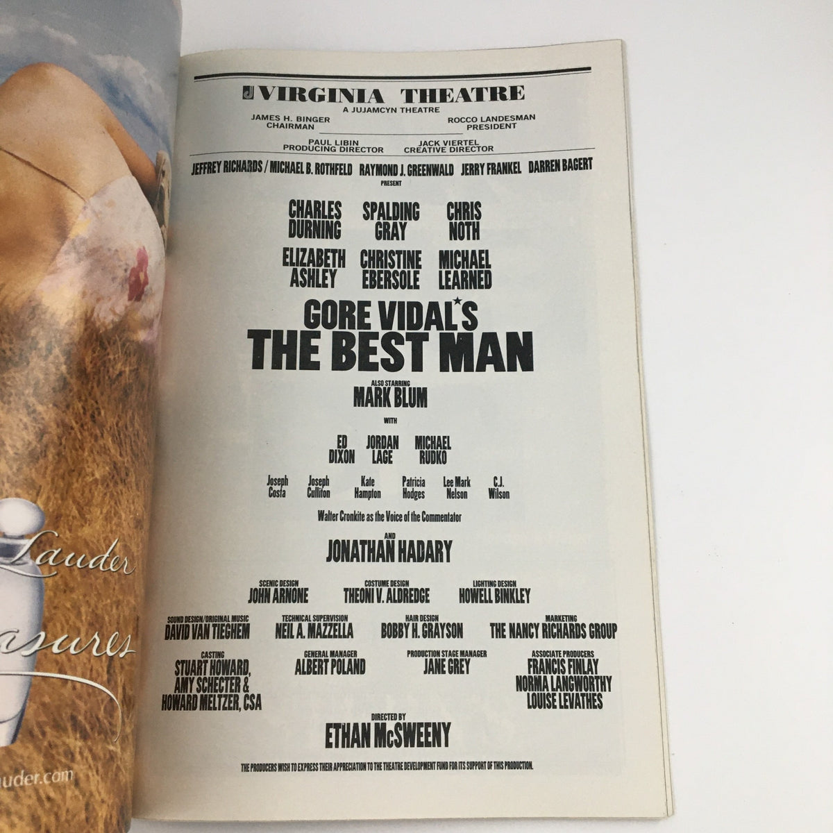 Cast and crew page of the 2000 Playbill for Gore Vidal's The Best Man at Virginia Theatre, detailing the production team.