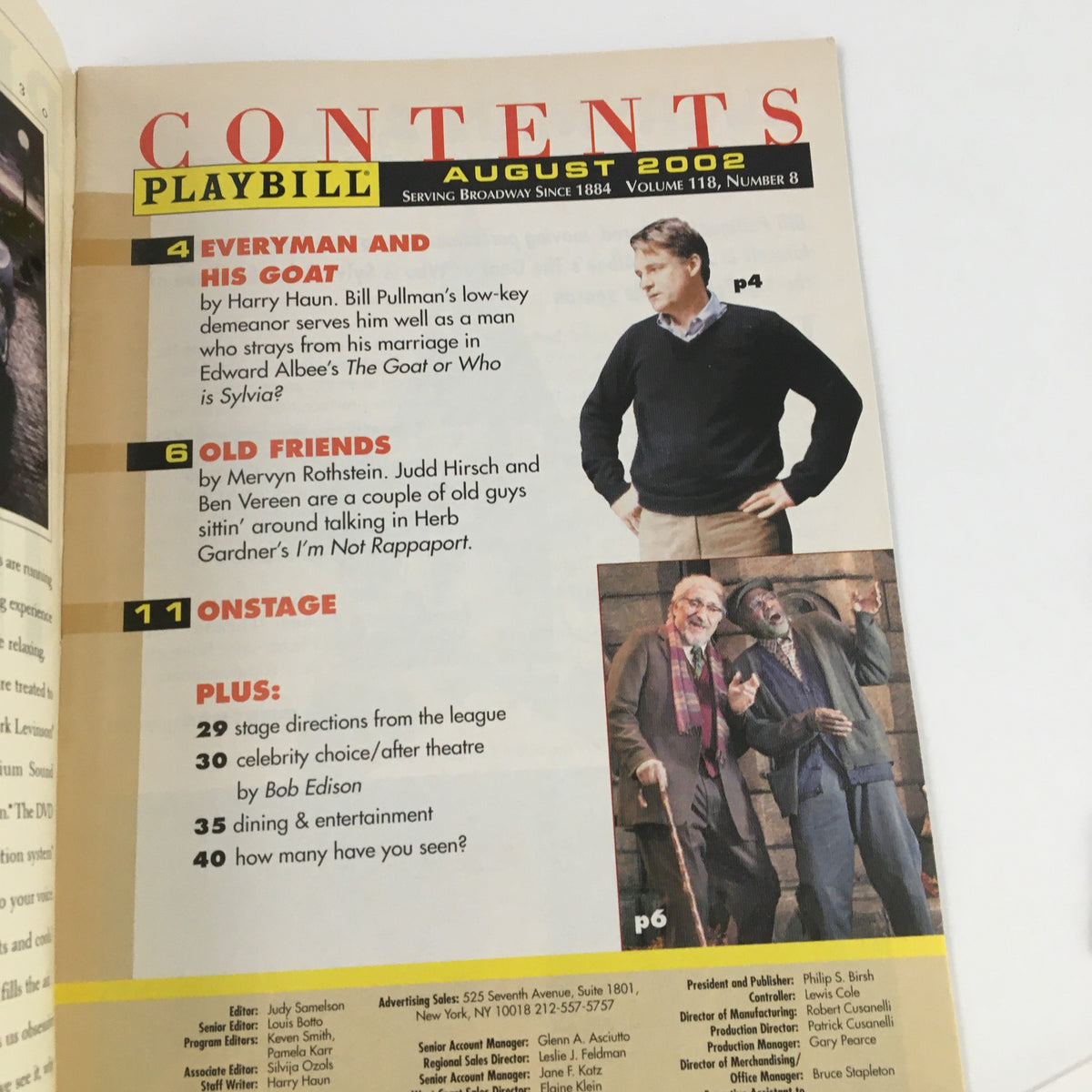 Contents page from the 2002 Playbill for Thoroughly Modern Millie presented at the Marquis Theatre, featuring listings of shows and articles from August 2002.