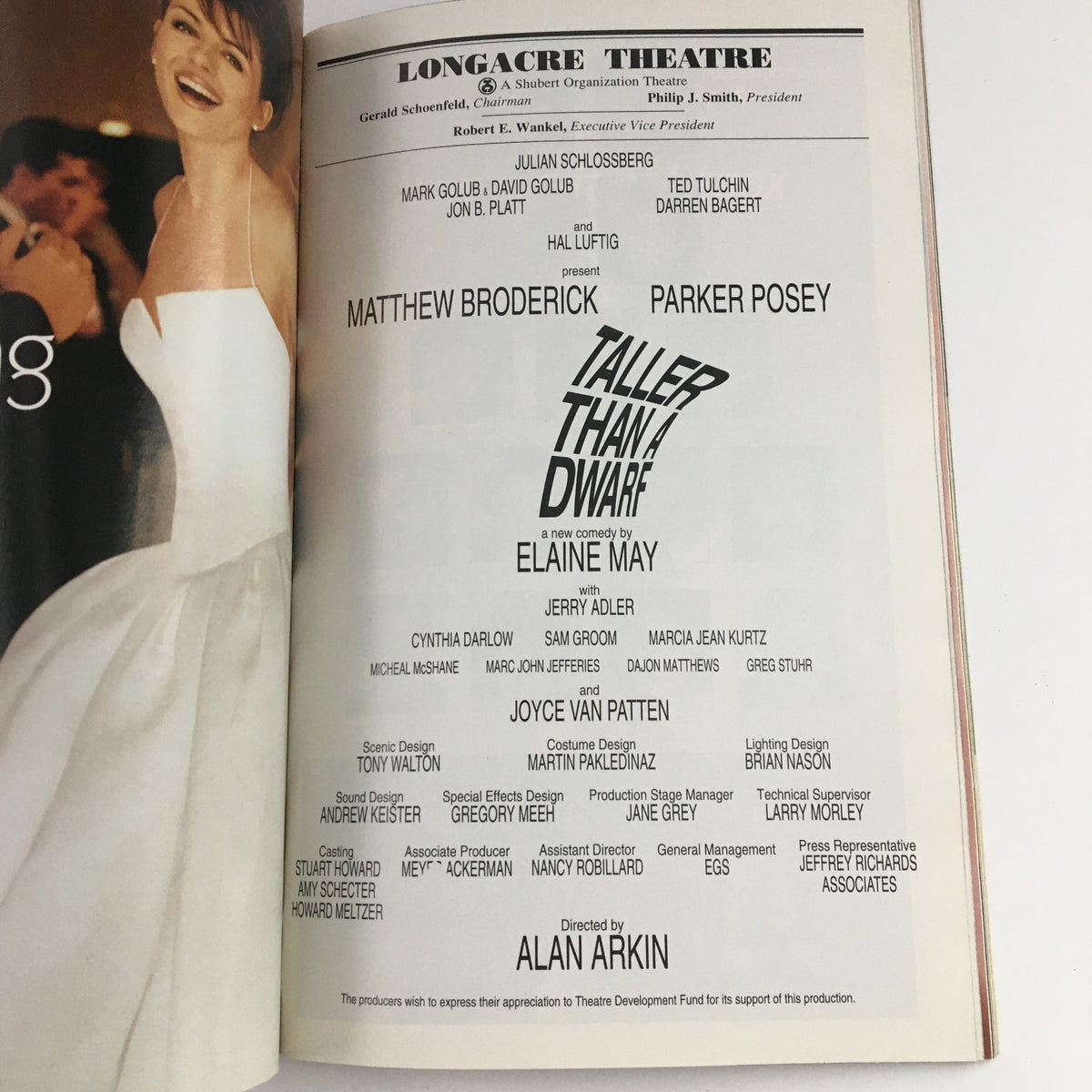 Credits page from the 2000 Playbill for Taller Than A Dwarf by Elaine May, listing cast and production team details.