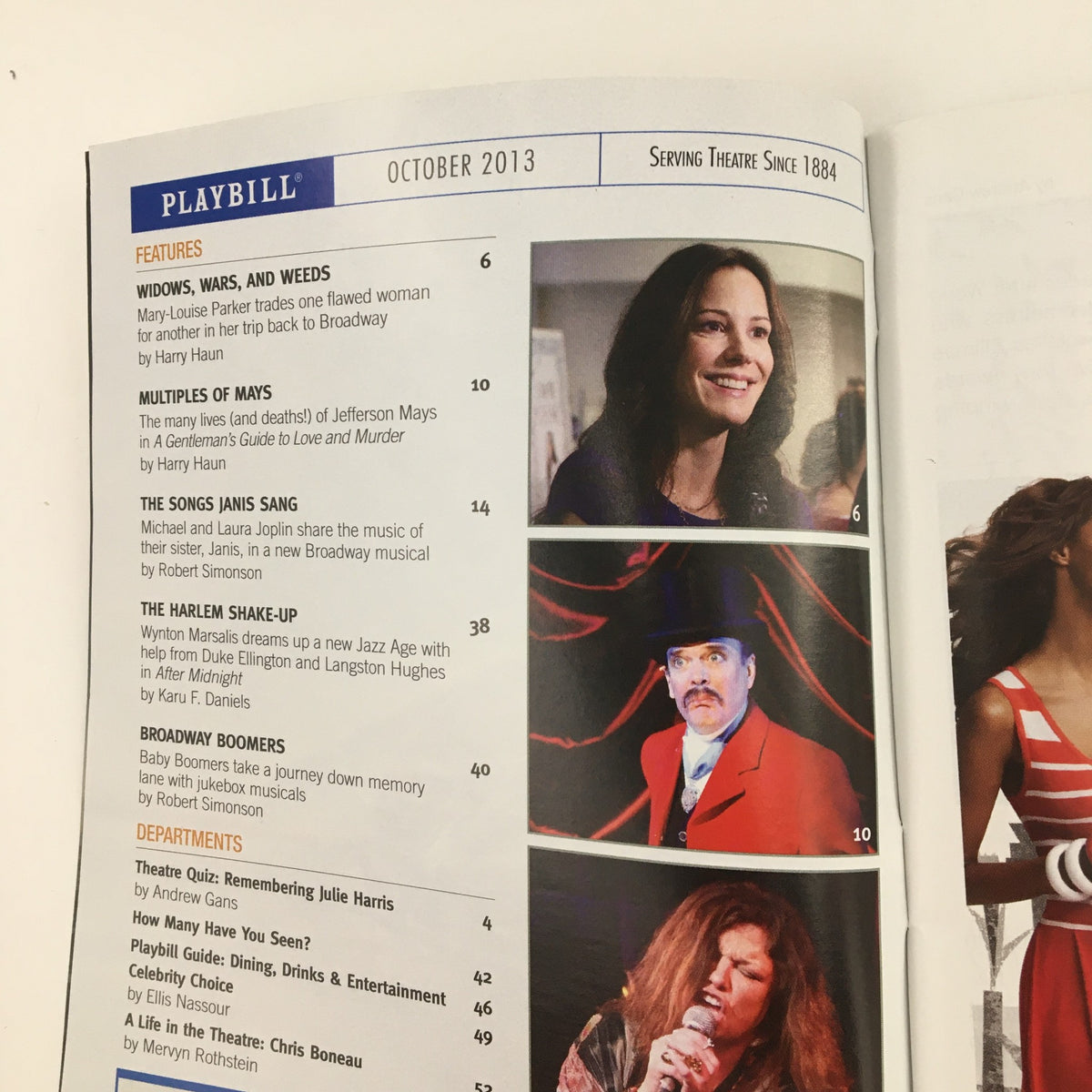Inside page of the 2013 Playbill for 'Peter and the Star Catcher' showing features and articles from October 2013.