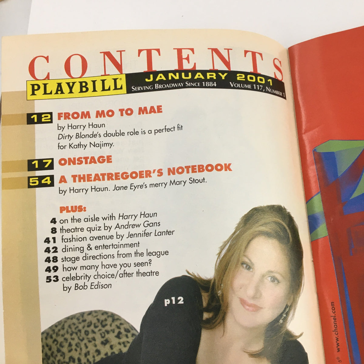 Playbill contents page from the 2001 production of The Full Monty at Eugene O'Neill Theatre, featuring articles and quizzes related to Broadway.