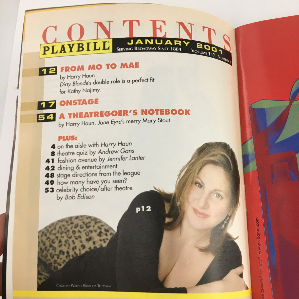Inside contents page of the 2001 Playbill for The Vagina Monologues featuring articles and page numbers.