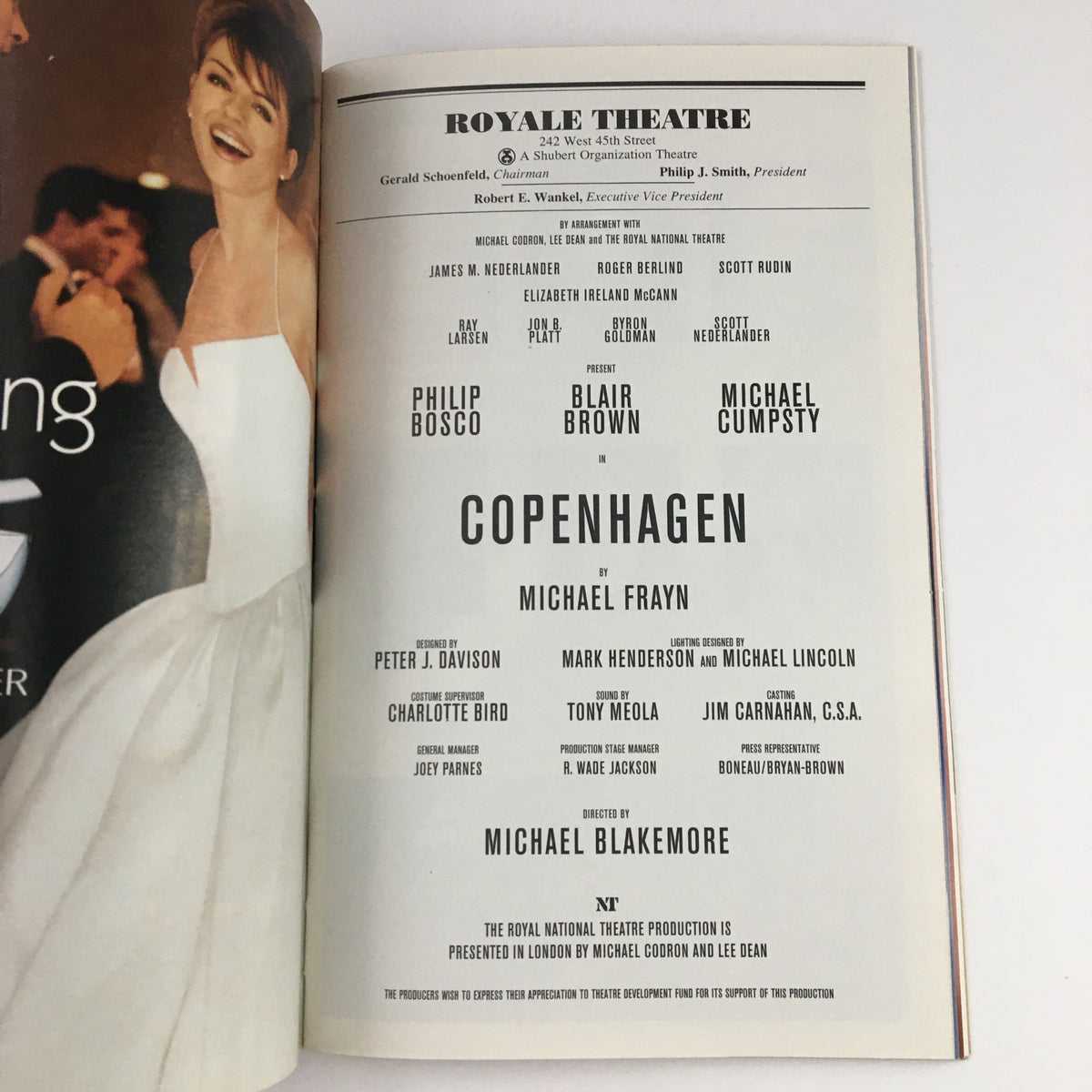 The cast and crew page from the 2000 Playbill for 'Copenhagen' by Michael Frayn at the Royale Theatre, featuring Blair Brown and other key performers.