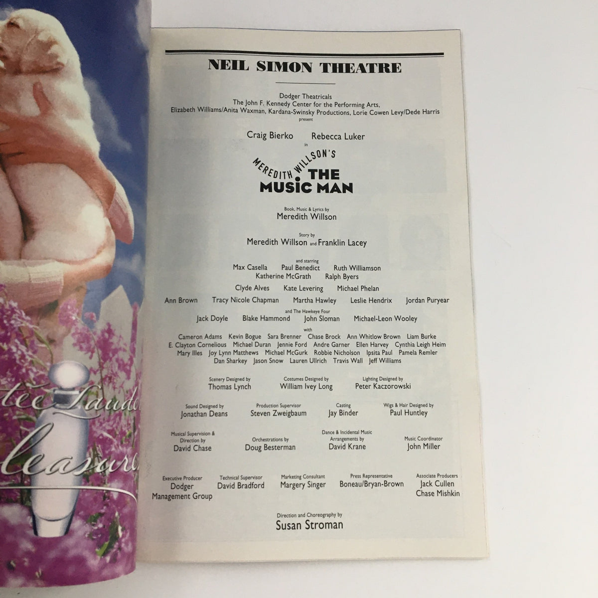 Program listing from the 2000 Playbill for The Music Man at Neil Simon Theatre detailing cast and production team credits.