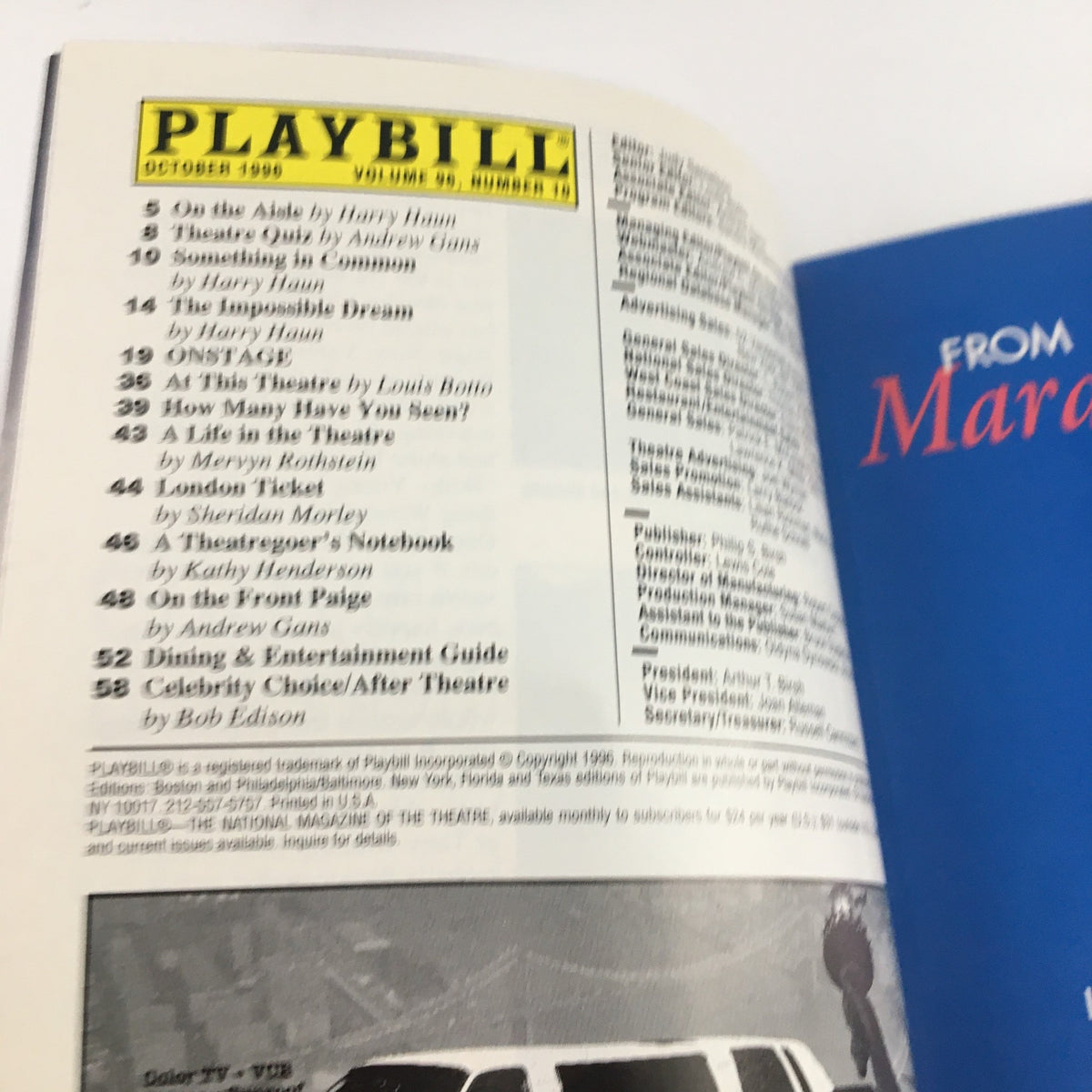 Inside of the 1996 Playbill for Roundabout Theatre Company featuring Lucie Arnaz in Grace & Glorie, showcasing listings and articles from December 1996.