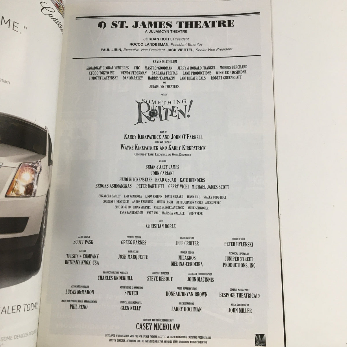 Back page of the 2015 Playbill for Something Rotten at St. James Theatre, displaying the cast and crew information along with production details by Casey Nicholaw.
