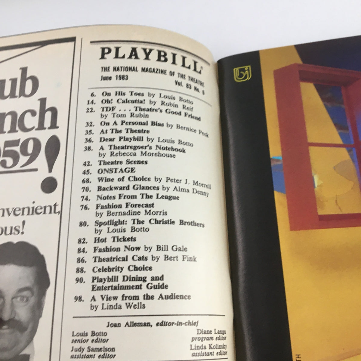 Inside page of the 1983 Playbill 'Passion' showcasing theater content and production credits from Longacre Theatre.
