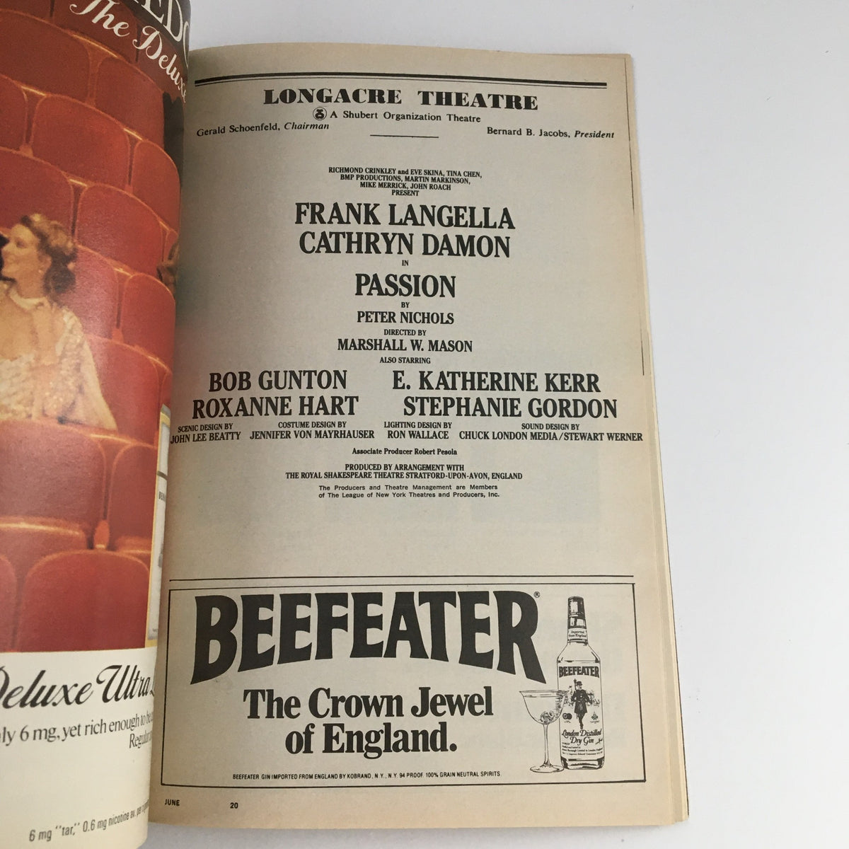 Page from the 1983 Playbill for 'Passion' featuring Frank Langella at Longacre Theatre, highlighting cast details and advertisements.