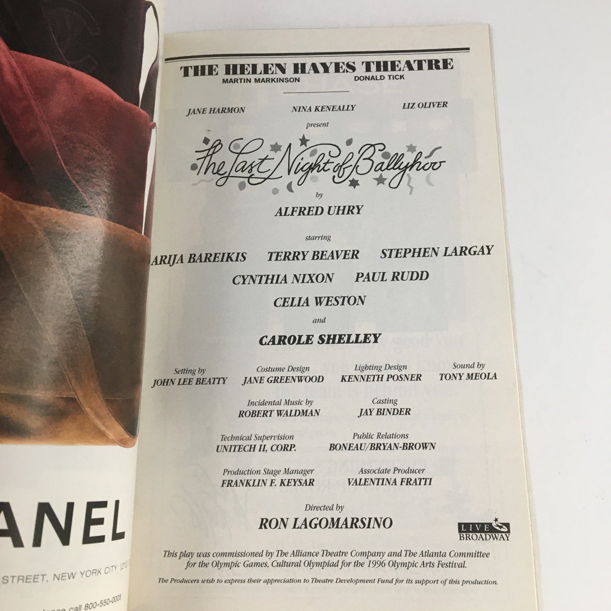 Inside page of the 1996 Playbill for The Last Night of Ballyhoo at The Helen Hayes Theatre, showcasing the cast and creative team information.