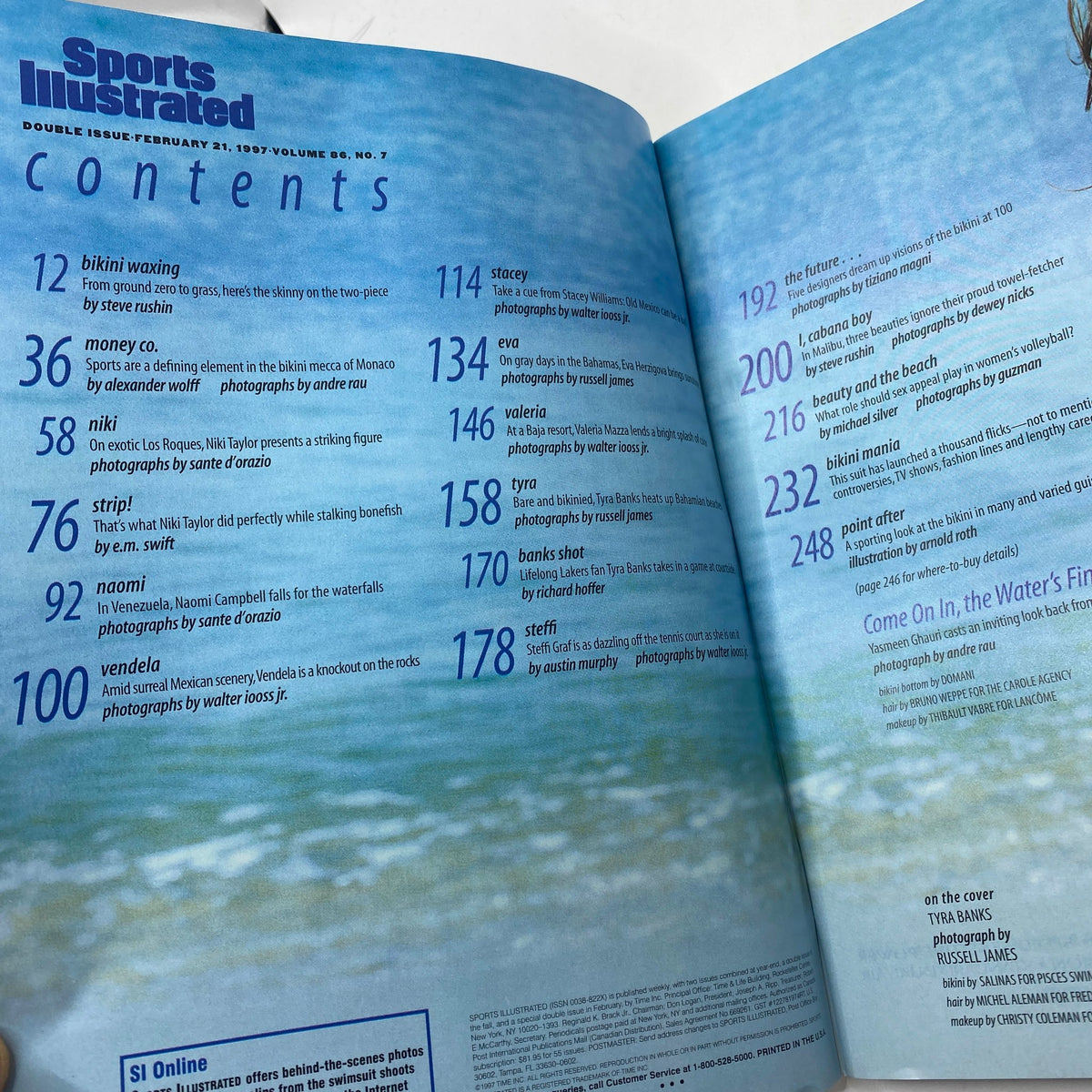 Contents page from Sports Illustrated Winter 1997 Magazine featuring articles including 'bikini waxing', 'Strip', and 'Tyra'. This issue is notable for the cover story on Tyra Banks.