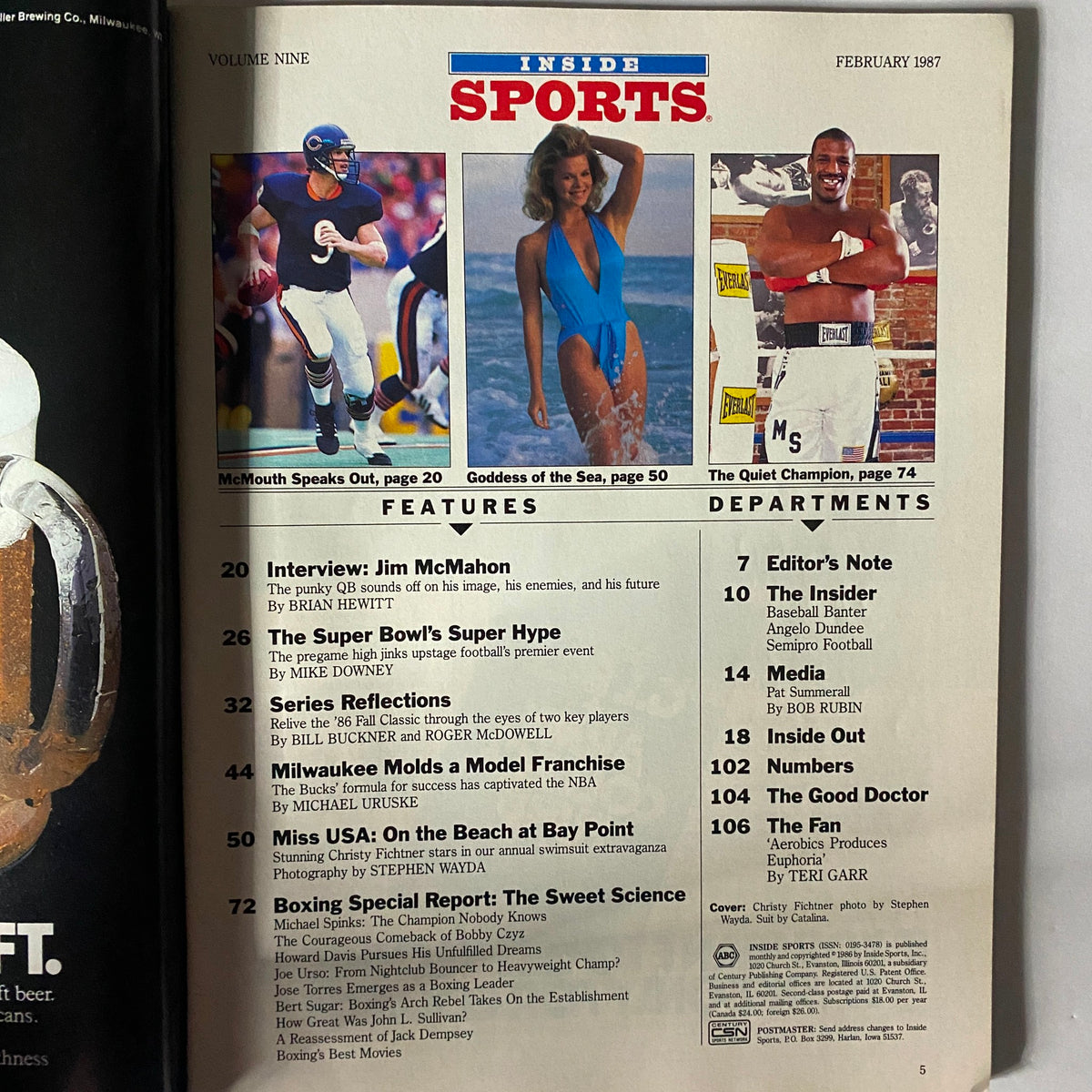 Inside page of VTG Inside Sports Magazine February 1987, showcasing articles including a feature on Miss USA Christy Fichtner, reflecting the blend of beauty and sports culture.