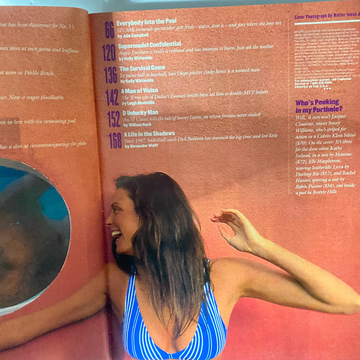 Interior page of Sports Illustrated Magazine February 14, 1994 featuring Kathy Ireland. The page displays a table of contents with article titles such as 'Everybody into the Pool' and 'Supermodel Confidential', highlighting sports and pop culture themes.