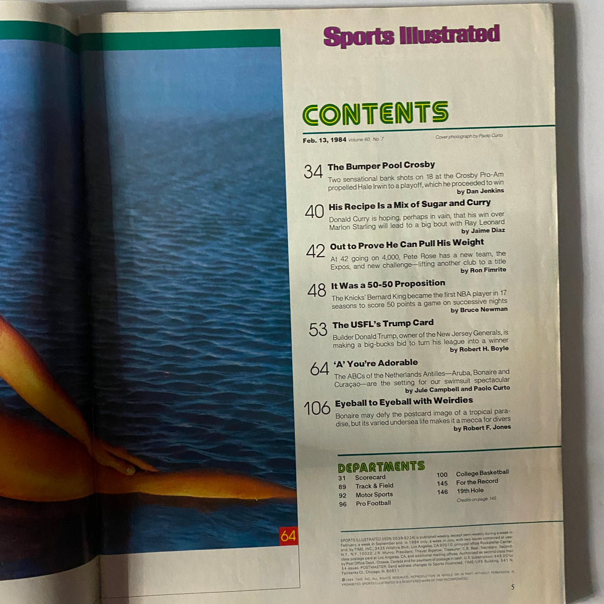 Table of contents page from the February 13, 1984 issue of Sports Illustrated, showcasing articles and features including those on sports events and personalities.
