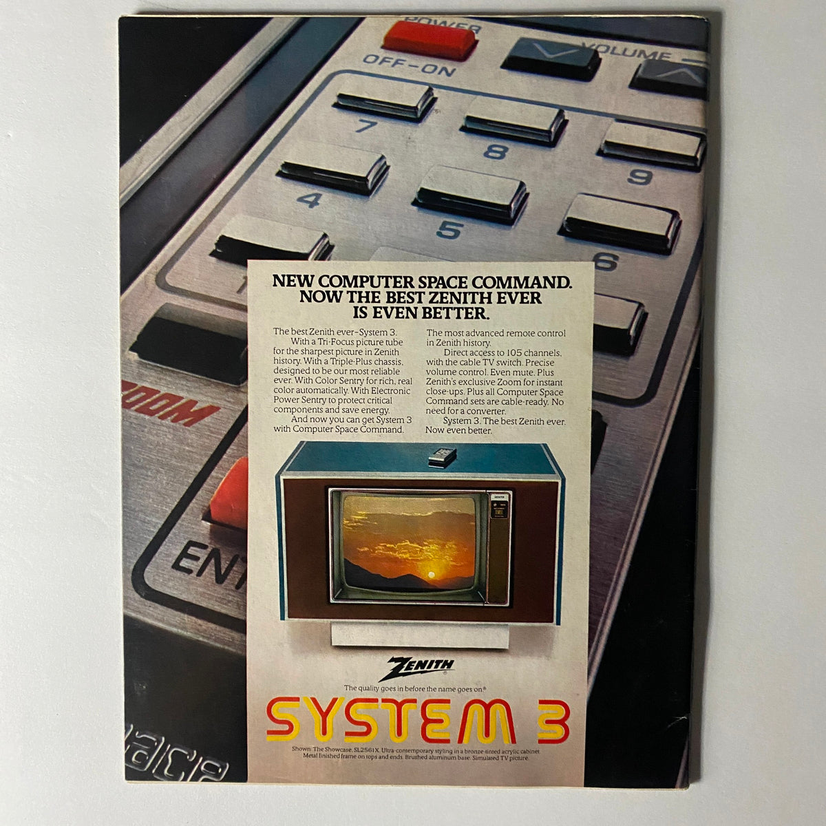Vintage magazine ad showcasing the Zenith TV System 3 with Computer Space Command, featured in Sports Illustrated magazine February 4, 1980 with Christie Brinkley on the cover. This advertisement highlights advanced remote control features and the quality of Zenith televisions.