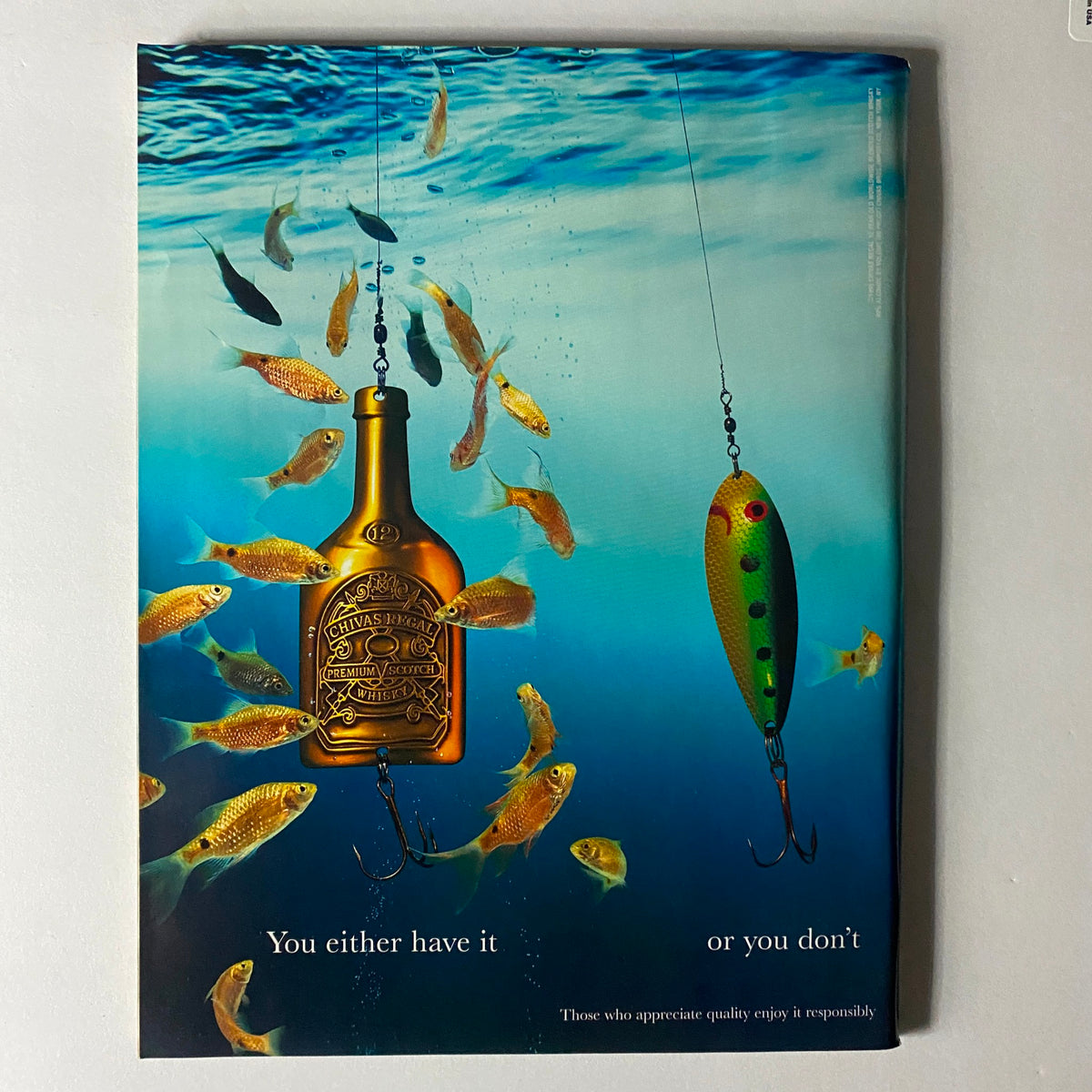 Back cover of Sports Illustrated Magazine January 29, 1996 displaying an advertisement for Chivas Regal whiskey, featuring an artistic underwater scene with fish and fishing hooks.