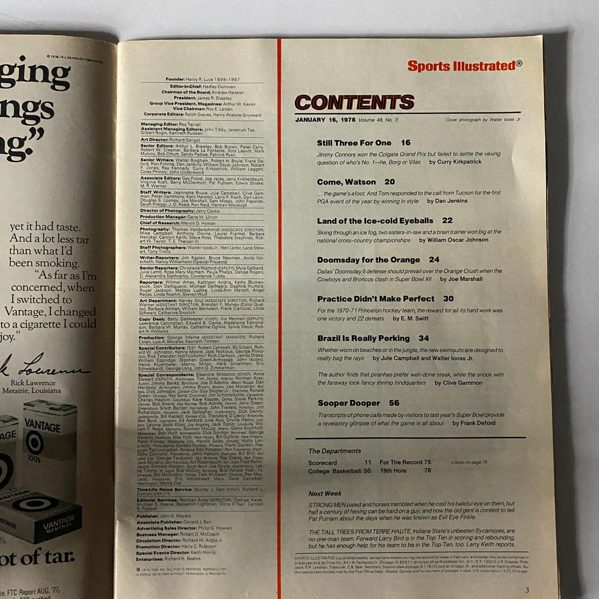 Interior page of the Sports Illustrated Magazine from January 16, 1978, displaying the table of contents, highlighting articles and features related to sports events of the time.