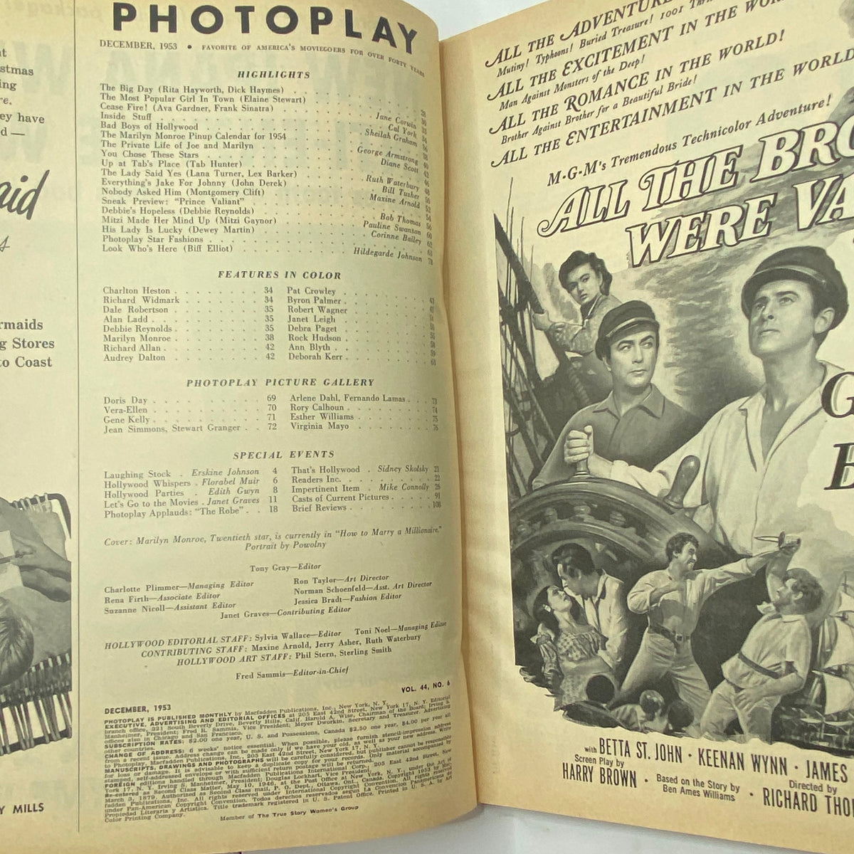 Interior pages of VTG Photoplay Magazine December 1953 Vol 44 No. 6 featuring highlights, features in color, and special events from classic Hollywood.
