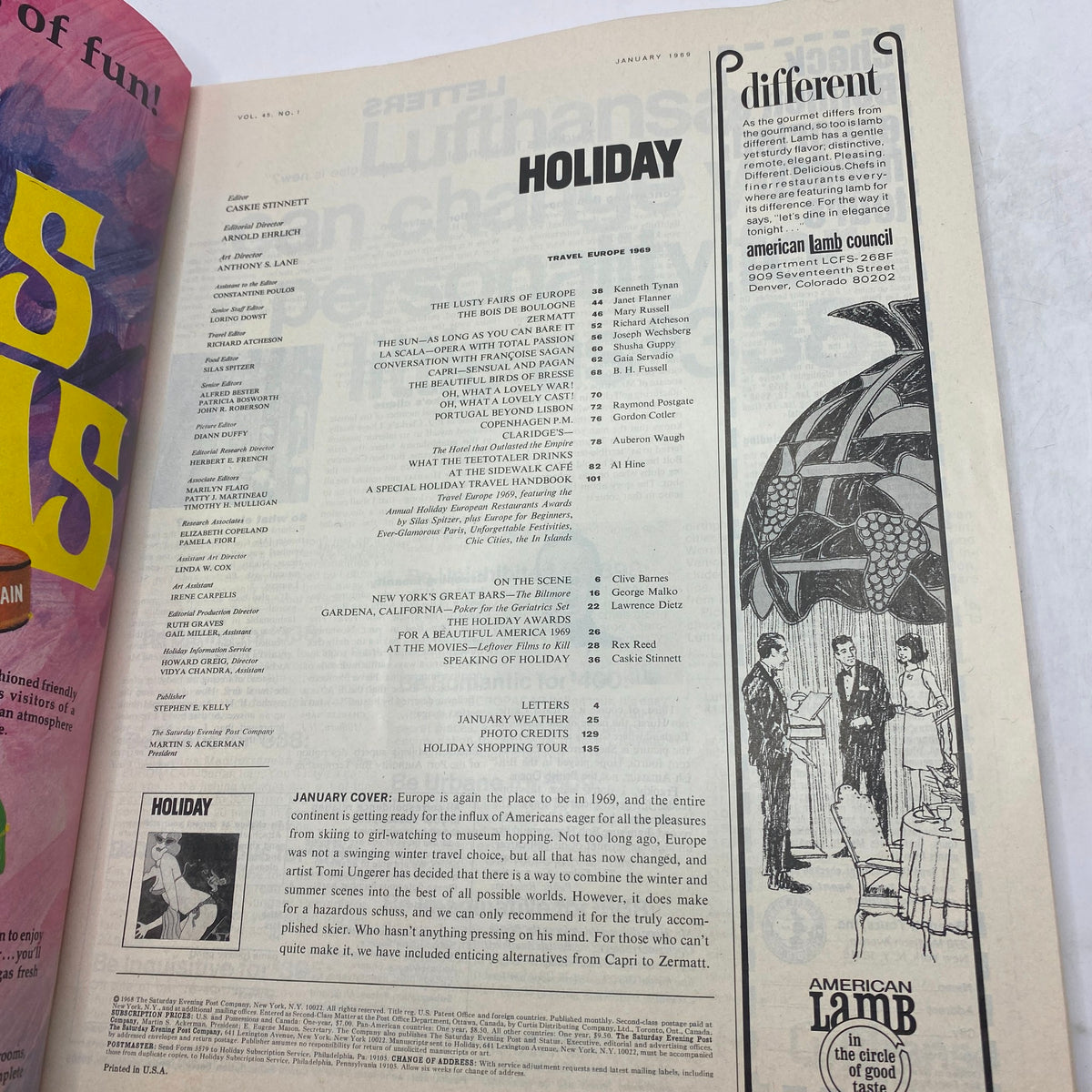 Interior page of the VTG Holiday Magazine January 1969 featuring the table of contents and notable articles about Americans in Europe.