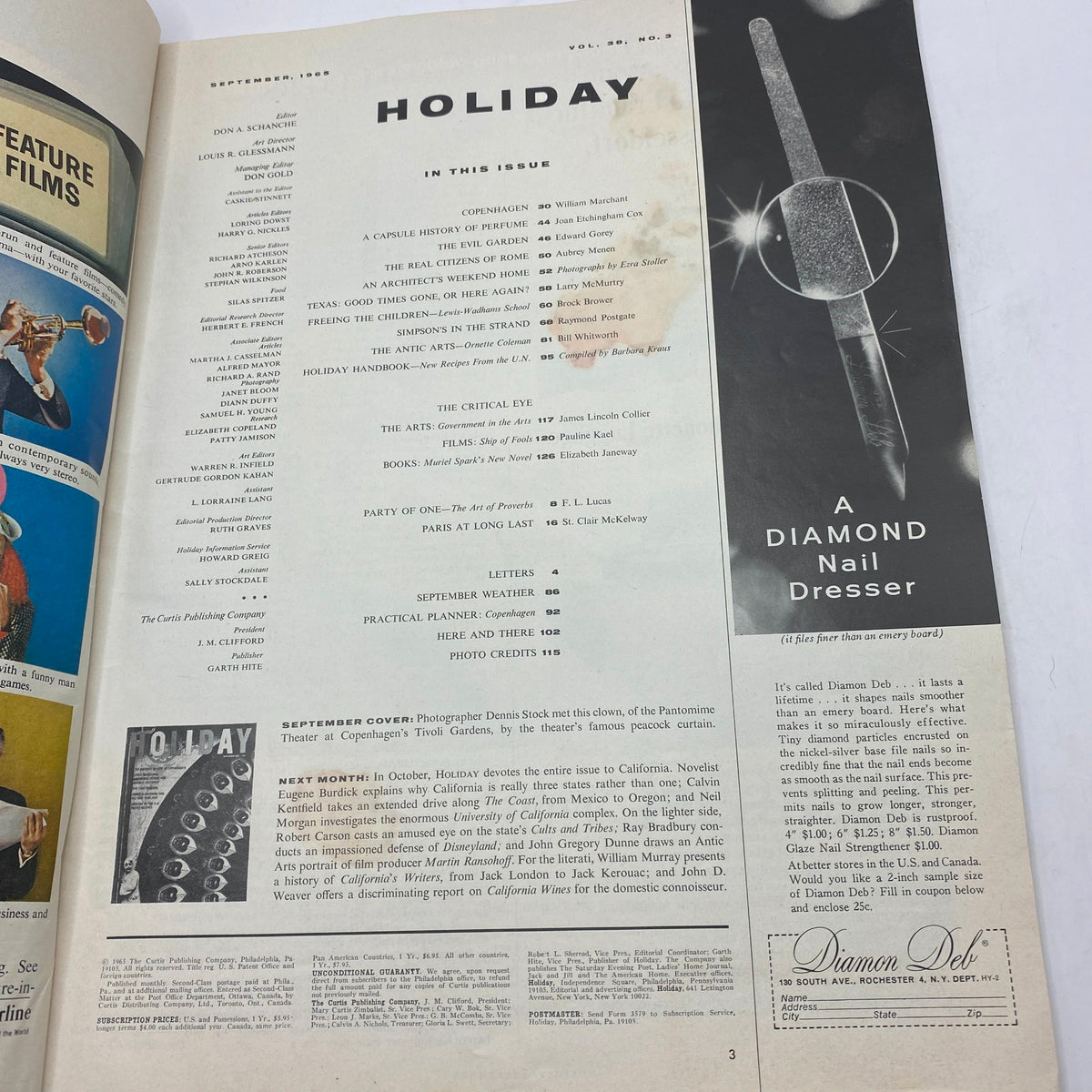 Inside page of VTG Holiday Magazine September 1965 displaying the contents list, highlighting articles related to Copenhagen, Pantomime Theater, and artistic themes.