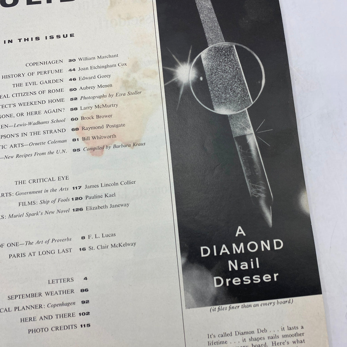 Close-up of the contents page from VTG Holiday Magazine September 1965, detailing featured articles and advertisements for products like 'A Diamond Nail Dresser'.