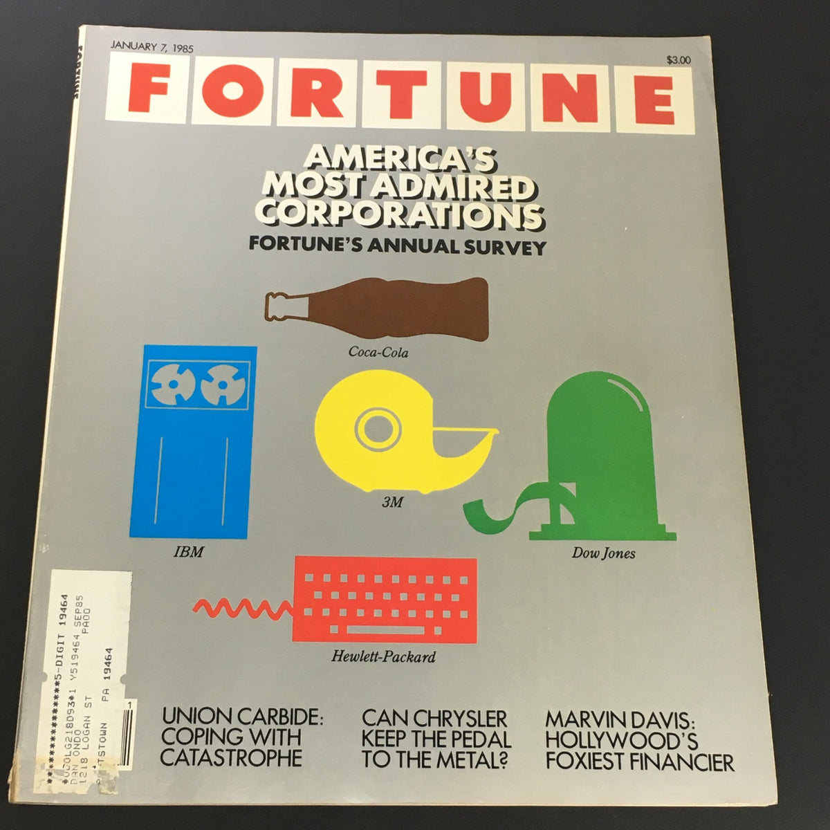 Cover of Fortune Magazine January 7 1985 featuring the theme America's Most Admired Corporations. The design showcases iconic symbols of notable companies including Coca-Cola, IBM, 3M, Dow Jones, and Hewlett-Packard, reflecting the business landscape of the mid-1980s.