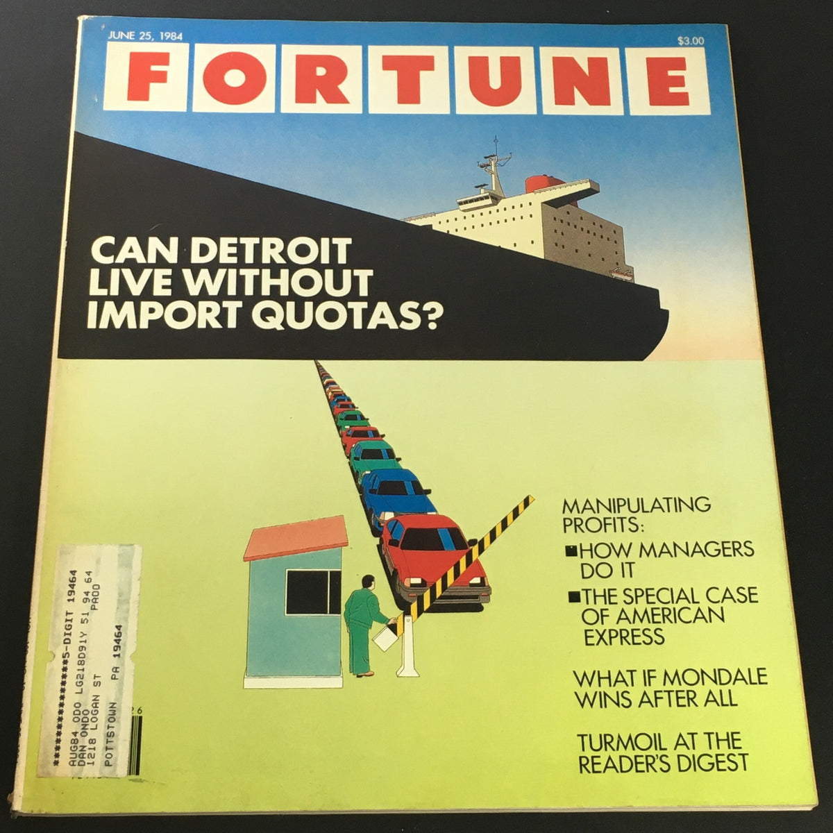Vintage Fortune Magazine from June 25, 1984 featuring the article 'Can Detroit Live Without Import Quotas?'. The cover includes an illustration of cars lined up near a shipping container, highlighting the automotive industry's economic discussions of the 1980s.