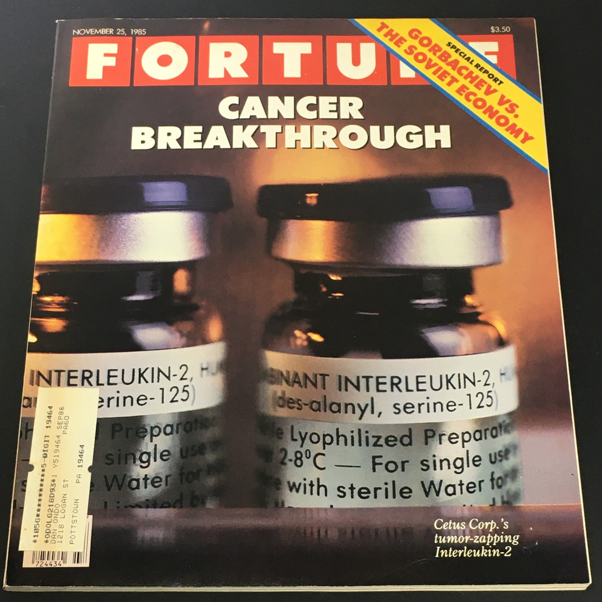 Vintage Fortune Magazine cover from November 25, 1985, featuring Mikhail Gorbachev with the headline 'Cancer Breakthrough - Gorbachev vs. the Soviet Economy.' The cover focuses on medical advancements and highlights the economic challenges of the Soviet Union during a transformative period.