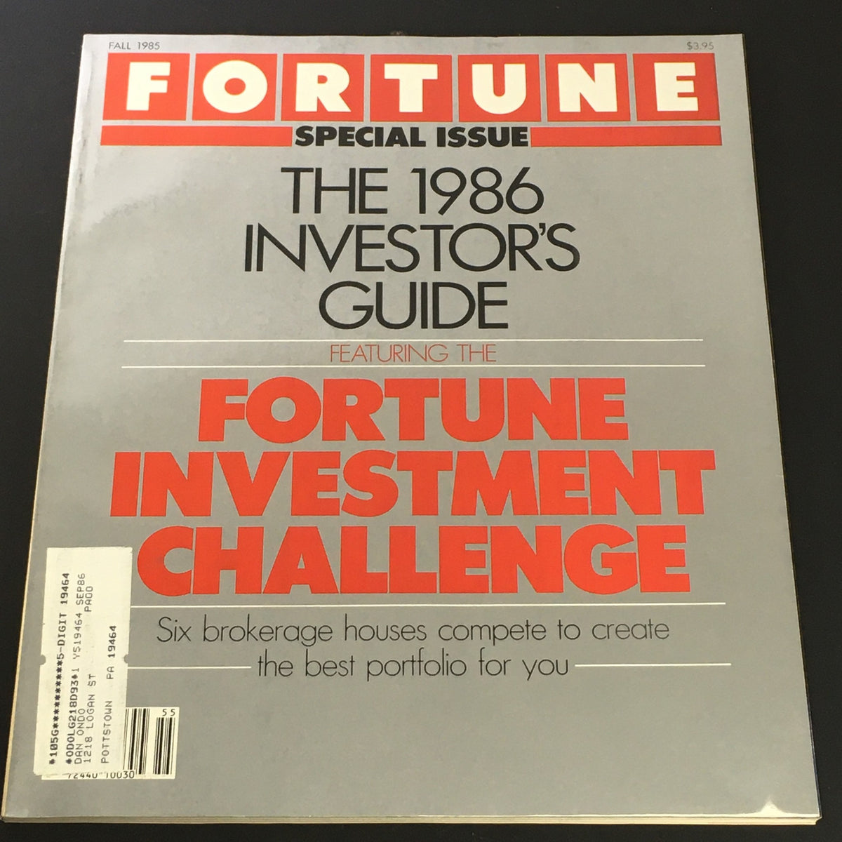 Cover of VTG Fortune Magazine Fall 1985 featuring the 1986 Investor's Guide and the Fortune Investment Challenge, showcasing bold red and black text.