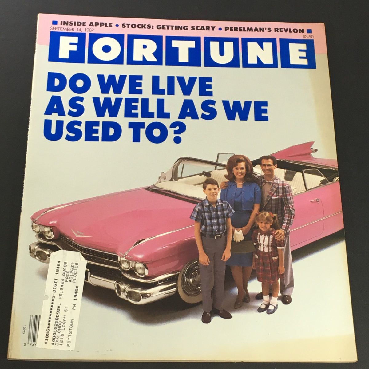 VTG Fortune Magazine September 14 1987 cover featuring the title 'Do We Live As Well As We Used To?' with a family posing next to a pink Cadillac convertible, highlighting an intriguing vintage design and capturing the essence of the late 1980s.
