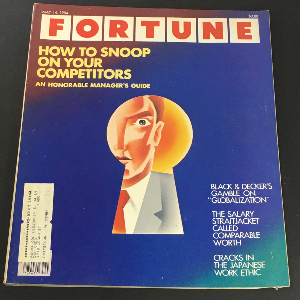 Cover of Fortune Magazine from May 14, 1984, featuring the title 'How to Snoop on Your Competitors - An Honorable Manager's Guide' and an illustration of a business executive near a keyhole.