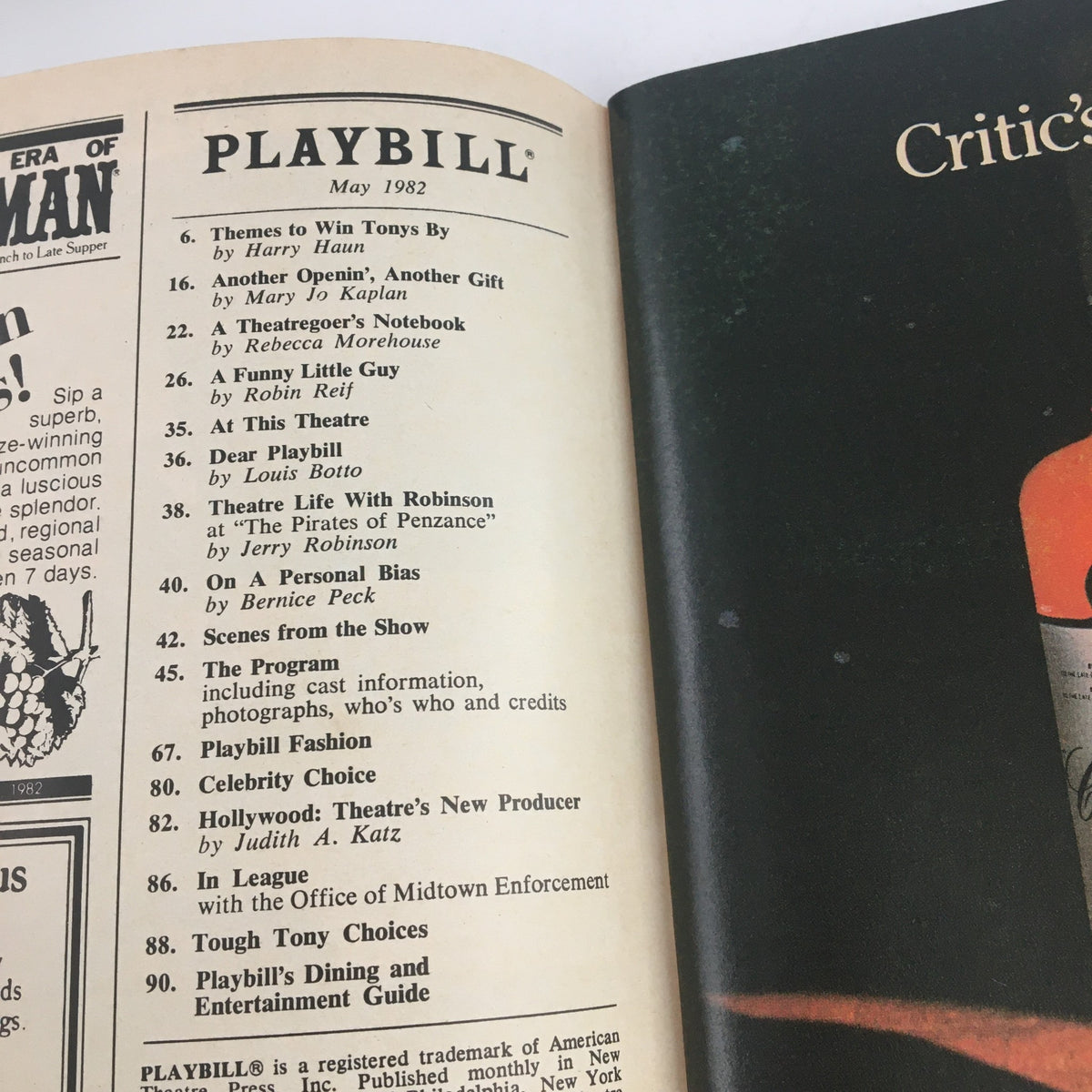 Interior page of the 1982 Playbill for Master Harold & The Boys by Athol Fugard featuring various articles and listings.