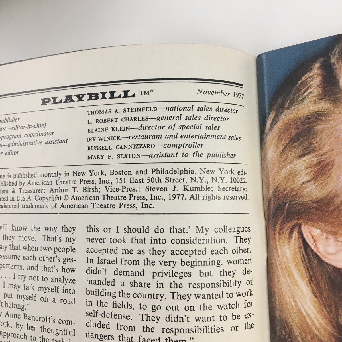 1977 Playbill for Side by Side by Sondheim featuring a detailed editor's page with publication and contributors' information.