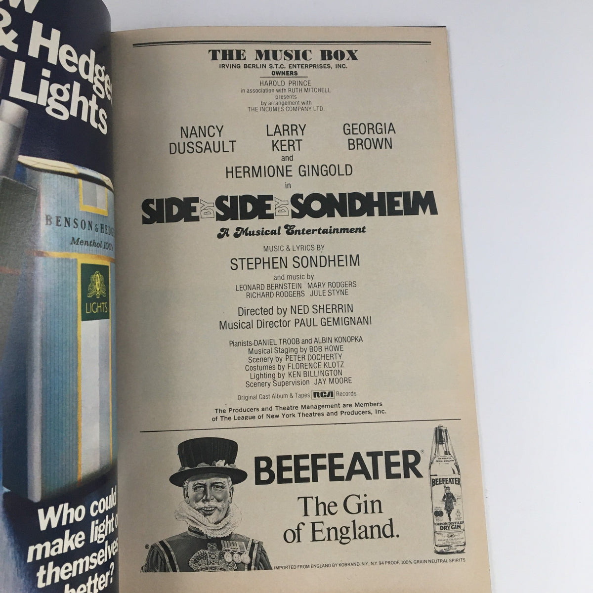 1977 Playbill for Side by Side by Sondheim showcasing the cast and production details on the inside cover of The Music Box theatre program.