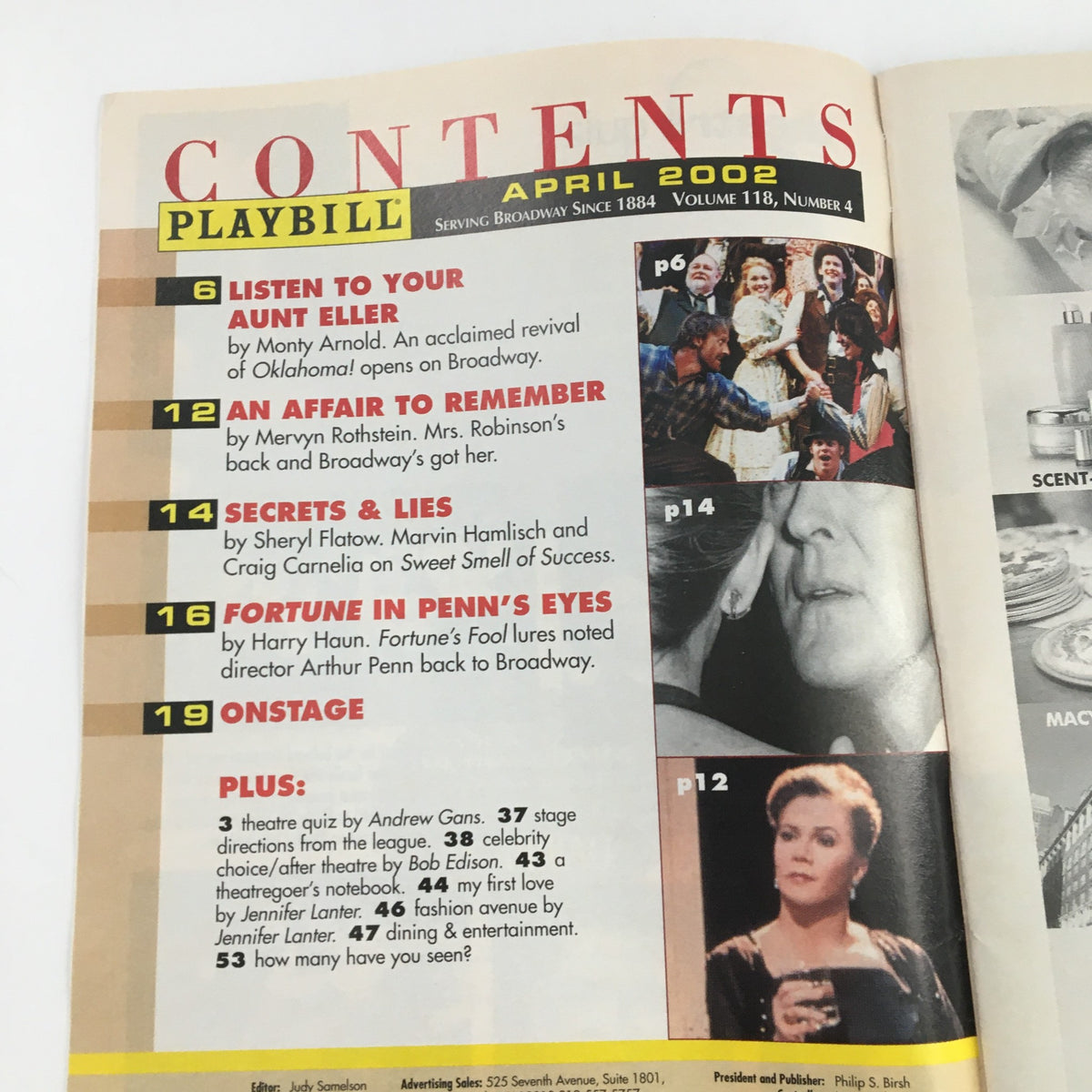 Contents page of the April 2002 Playbill featuring John Lithgow in Sweet Smell of Success, showcasing highlights of Broadway shows and articles.