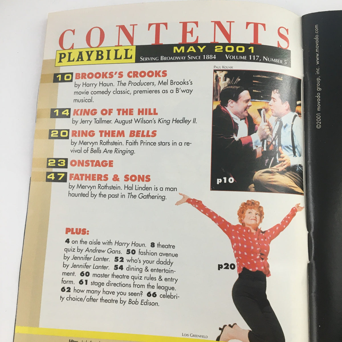 Contents page of the 2001 Playbill from The Helen Hayes Theatre, including various featured performances and articles, connected to Hershey Felder in George Gershwin Alone.
